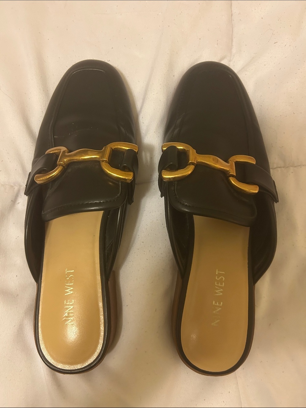 Nine West Black Leather Mule with Gold Horsebit Accent- size 9